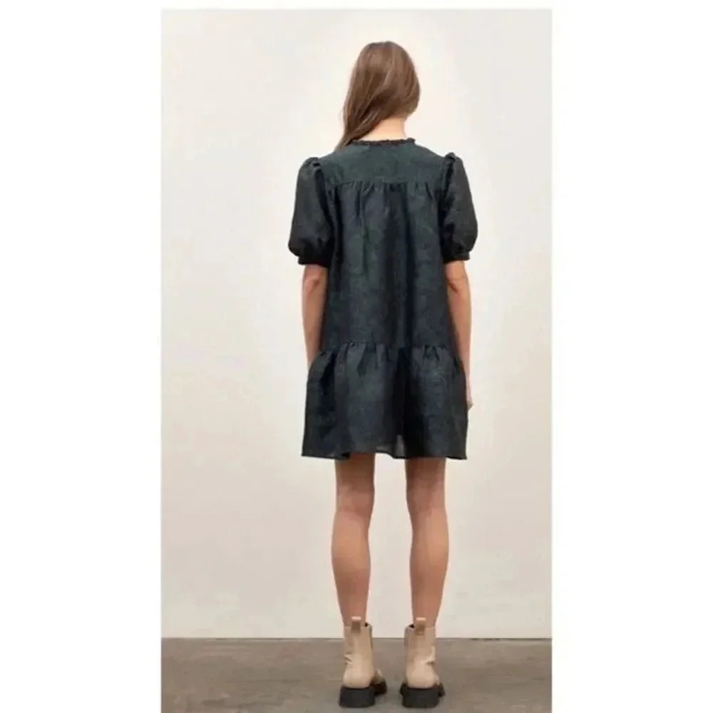 Moon River Ruffled Neck Puff Sleeve Mini Jacquard Dress - Picture 2 of 13